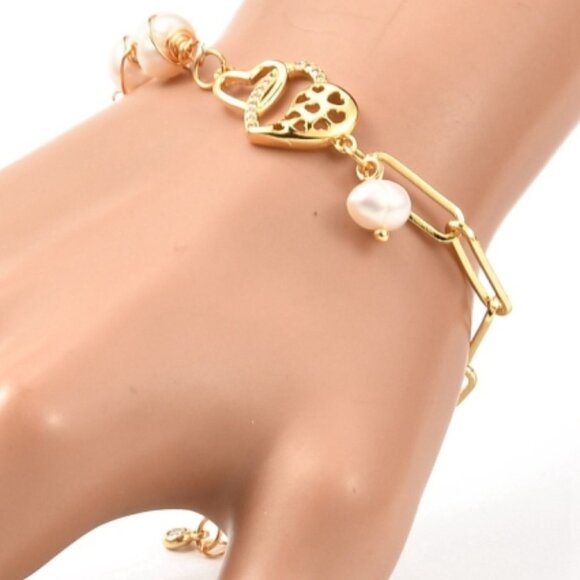 NWOT Wire wrapped natural Pearls W Gold Paperclip chain two heart Bracelet - Picture 3 of 5